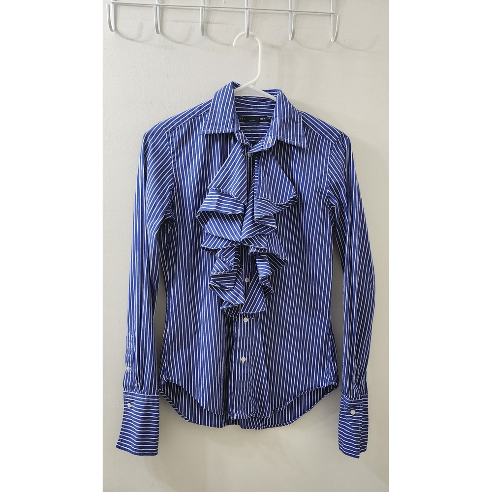 Ralph Lauren Blue White Striped Ruffle Front Cotton Button Down Shirt Size 6